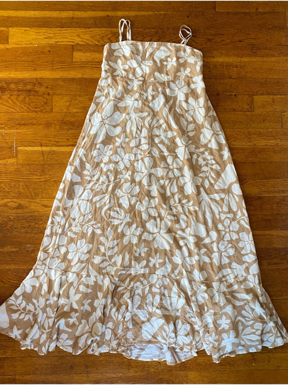 Smocked Strapless Maxi Dress in Tan and White Floral